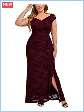 Plus Size Floral Lace Off Shoulder High Slit Bodycon Formal Maxi Dress